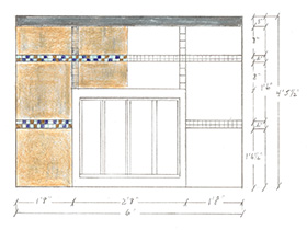 A concept sketch of a contemporary fireplace using porcelain and glass mosaic tile by Boston Design and Interiors, Inc.
